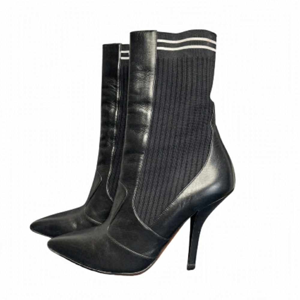Fendi Black Boots with white stripe knit fabric and leather size 10